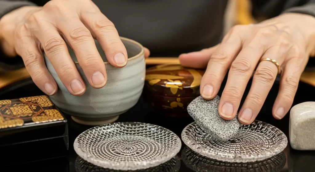 地域の特産品に触れて指先の感覚を刺激する高齢者