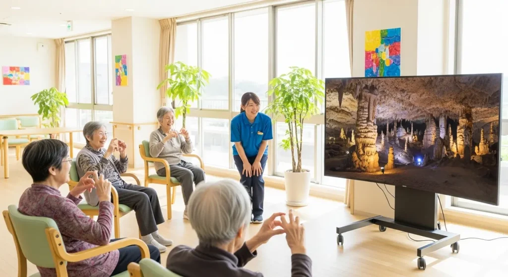 山口県の観光映像を背景に指体操に取り組む高齢者のグループ