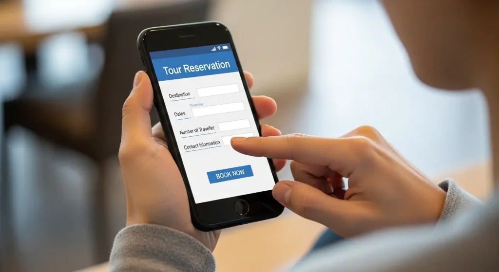 スマートフォンでオンラインツアーの予約を完了させる様子