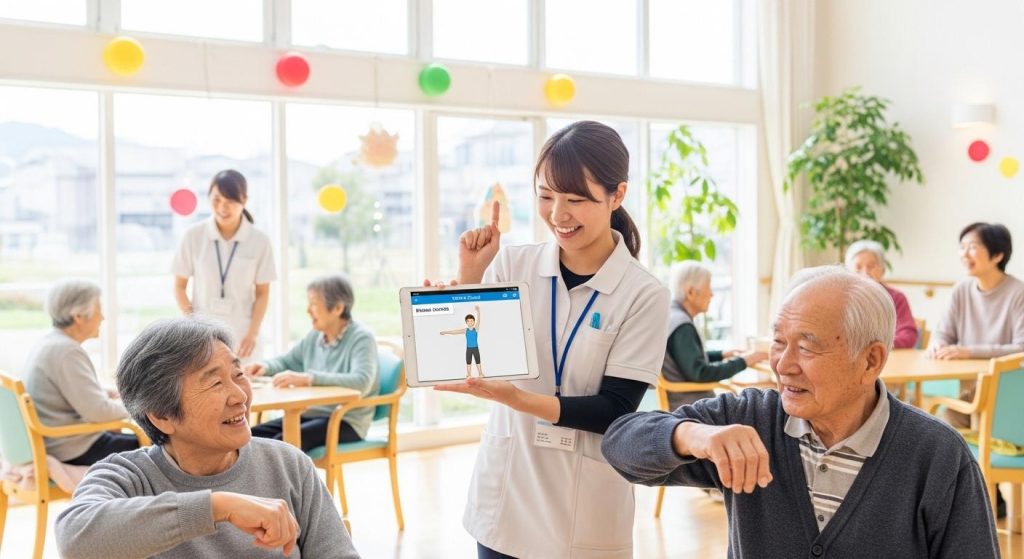 介護ソフトを活用して高齢者に運動指導を行うデイサービスのスタッフ