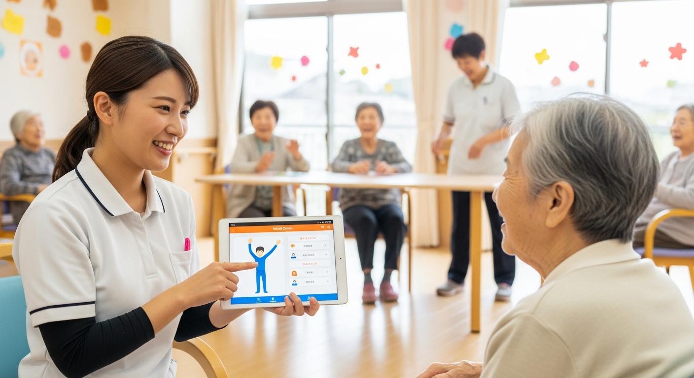 介護ソフトを活用して高齢者に運動指導を行うデイサービスのスタッフ