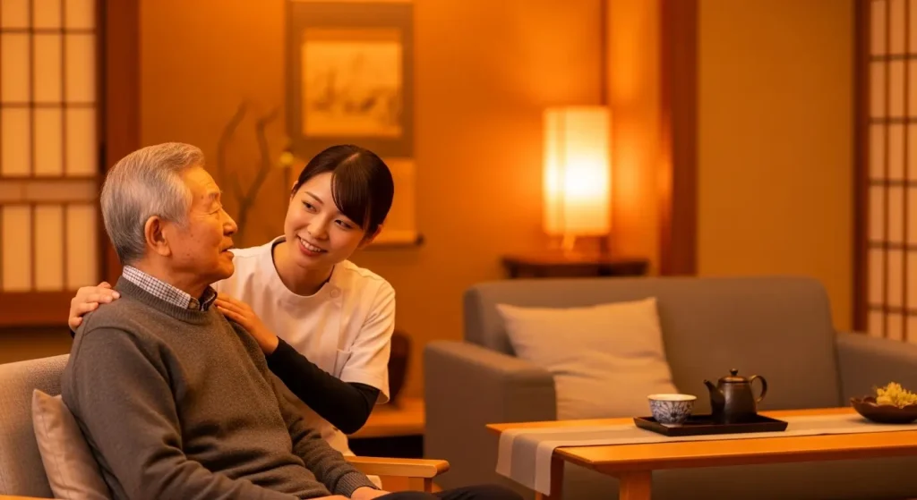 レクリエーション中に利用者を優しくサポートする介護職員