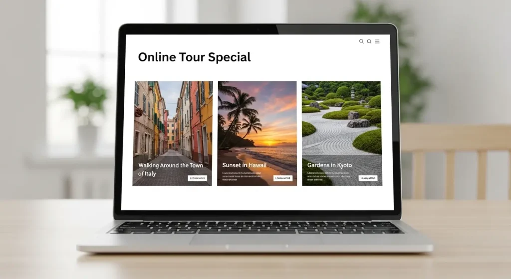 旅行代理店のウェブサイトでオンラインツアーを検索する様子