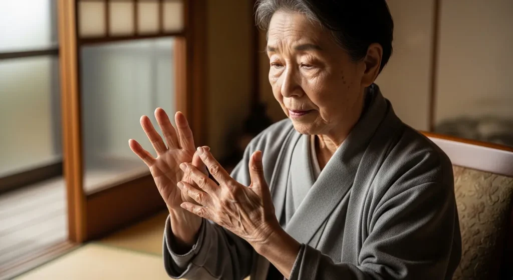 指の関節をストレッチする高齢者のリハビリ風景