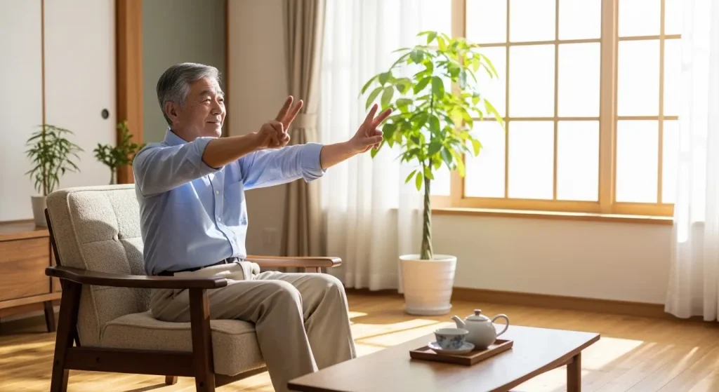 自宅のリビングでグーパー運動を実践する高齢者の男性