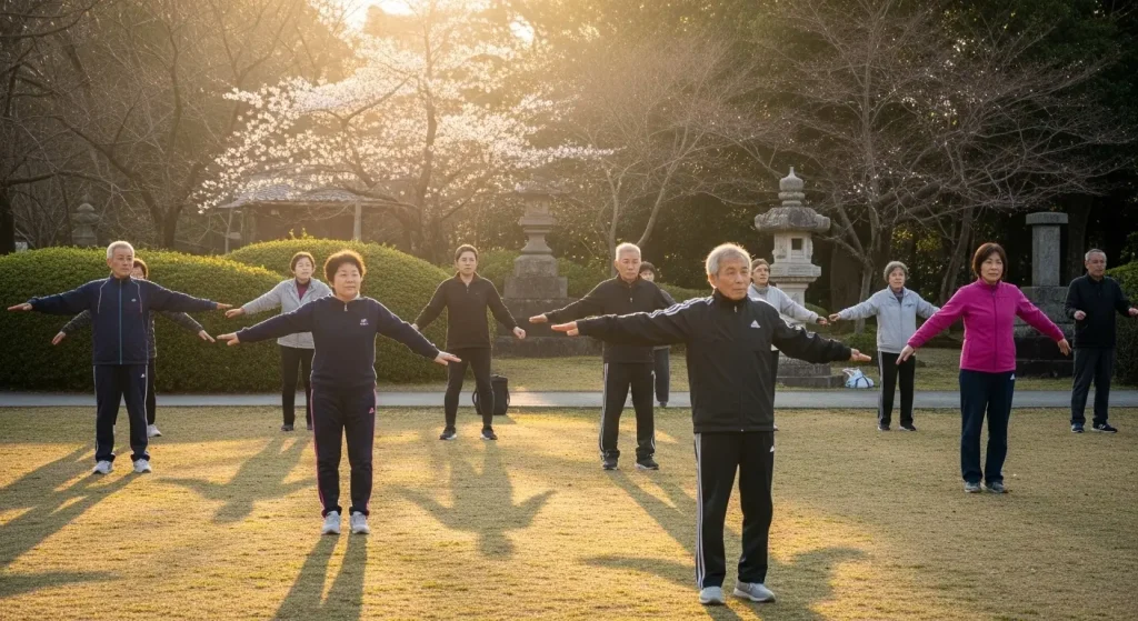 朝の公園でラジオ体操を習慣にする高齢者のグループ