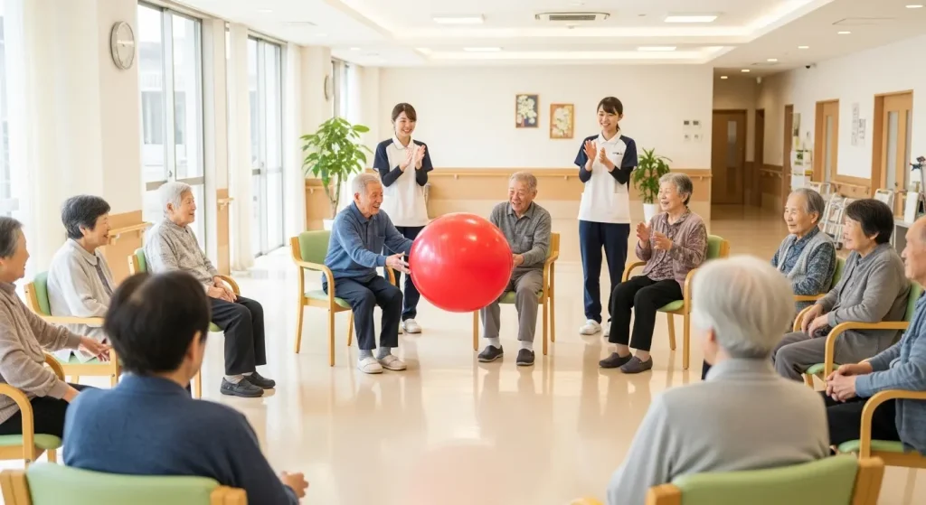 介護施設で椅子に座りボール回しレクを楽しむ高齢者