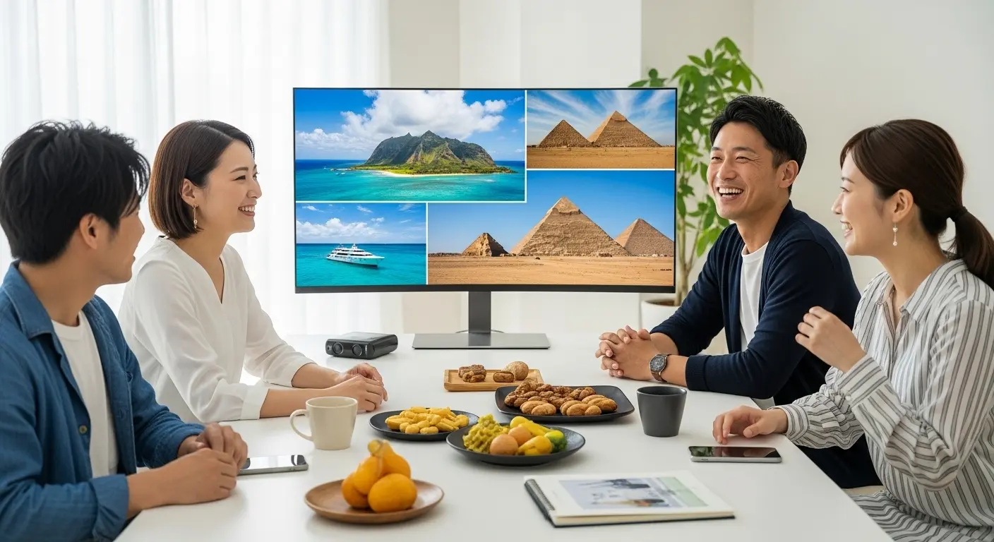 自宅で最新のオンラインツアーや海外旅行の気分を楽しむ幅広い世代の人々