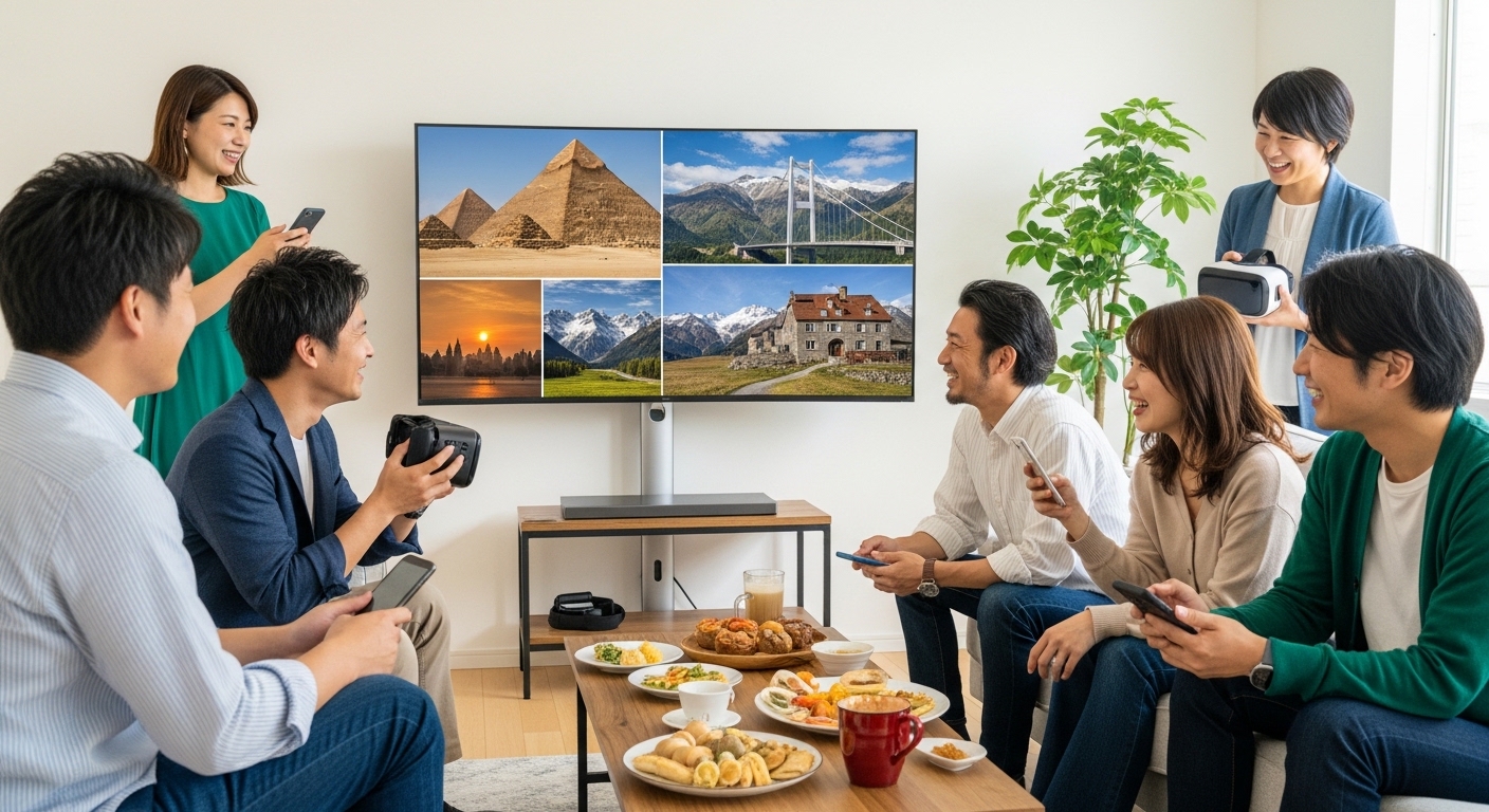 自宅で最新のオンラインツアーやバーチャル旅行を楽しむ幅広い世代の人々