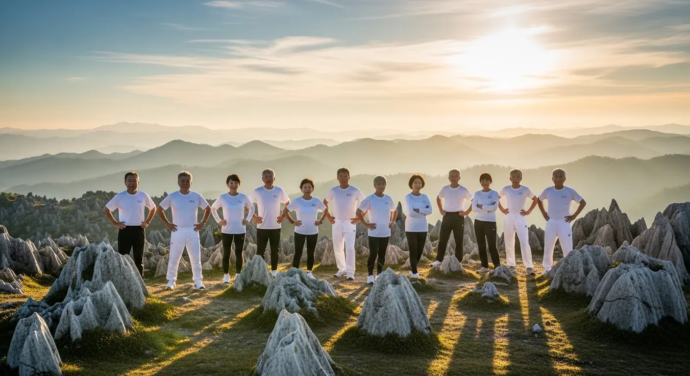 山口県の秋吉台で健康維持を誓うアクティブなシニアカップル