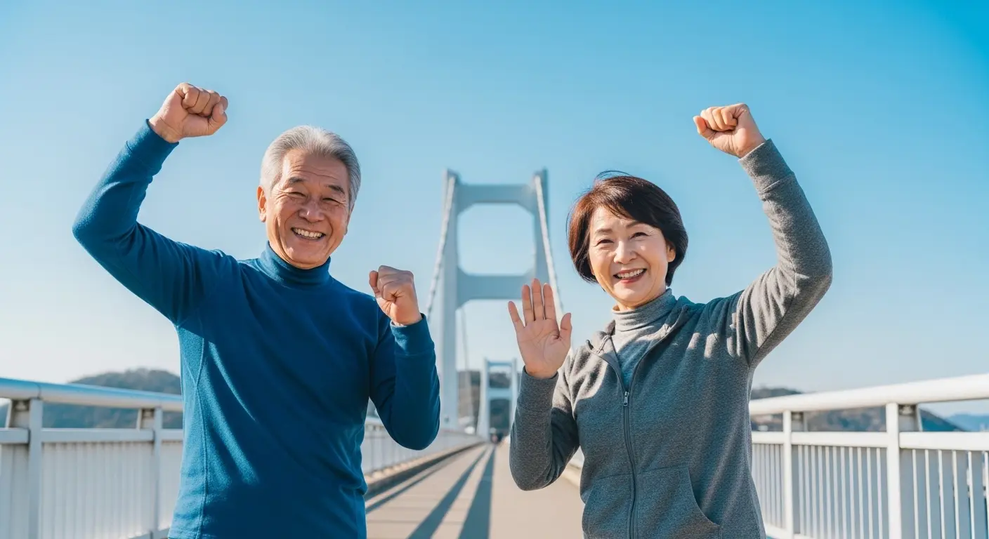 山口県の錦帯橋を背景にグーパー運動で健康をアピールする高齢者カップル