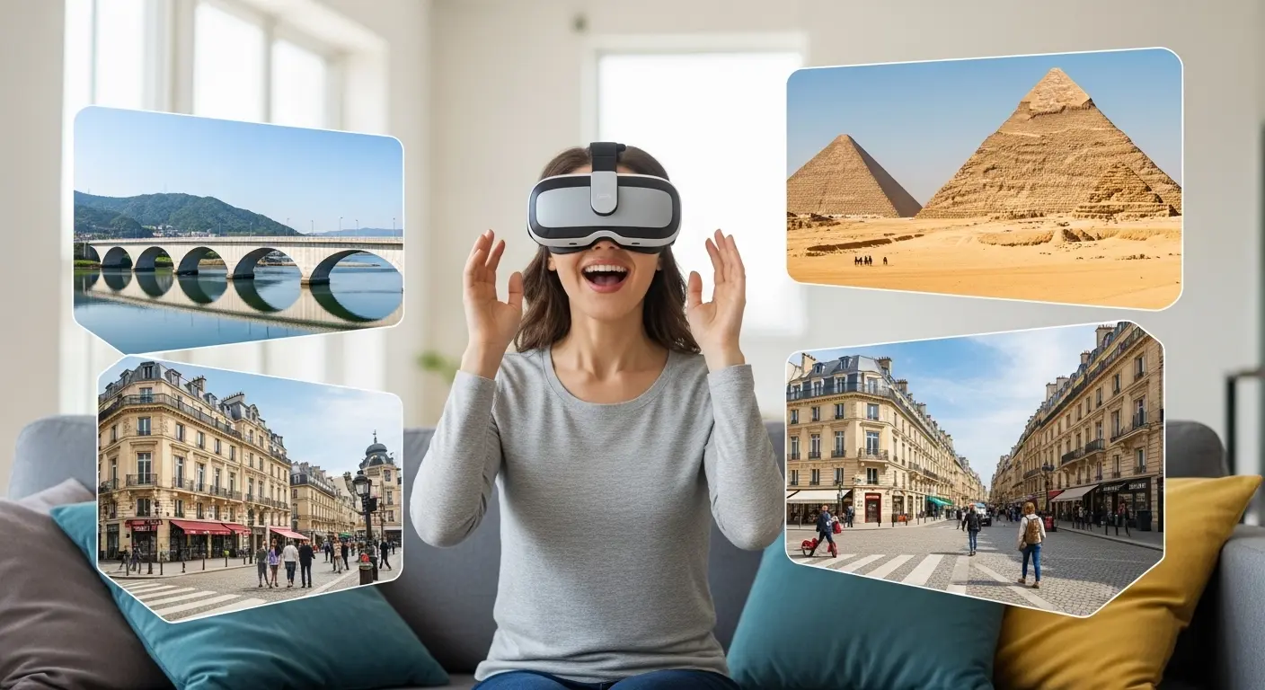 自宅でVRゴーグルを使いバーチャル旅行を体験する女性