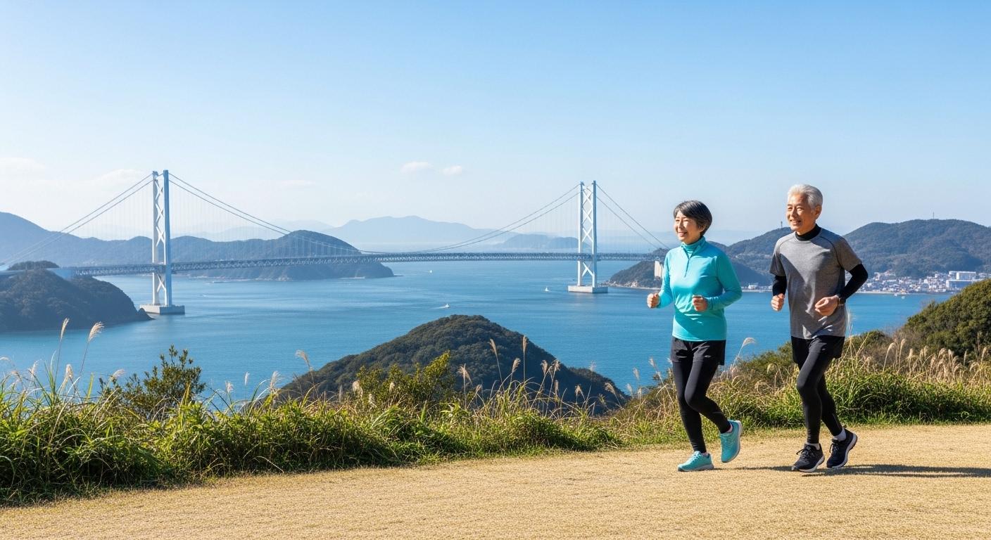 山口県の角島大橋を背景にウォーキングを楽しむ健康的な高齢者男女