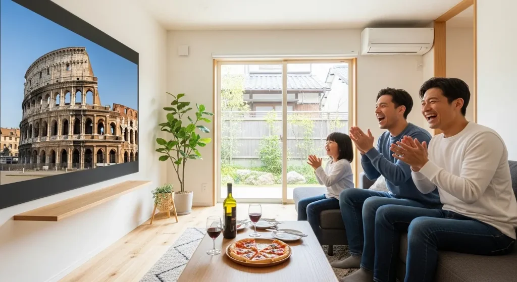 自宅で家族と一緒にイタリアのオンラインツアーを楽しむ人々