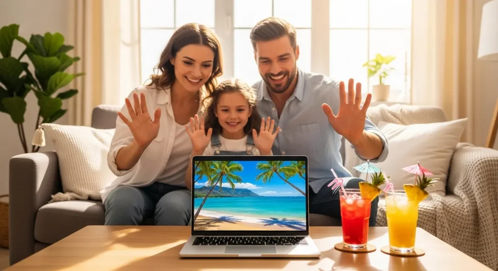 自宅で家族と一緒にオンラインツアーに参加する人々