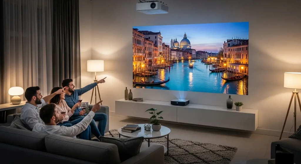 自宅の壁にプロジェクターで投影しオンラインツアーパーティーを楽しむ友人たち