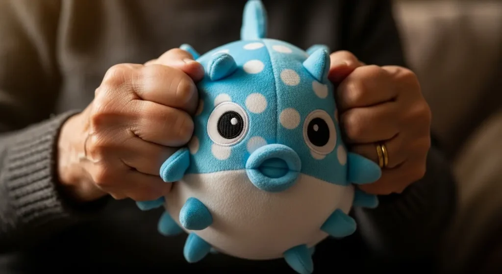 山口県名物のふぐのお手玉を使って握力トレーニングをする手