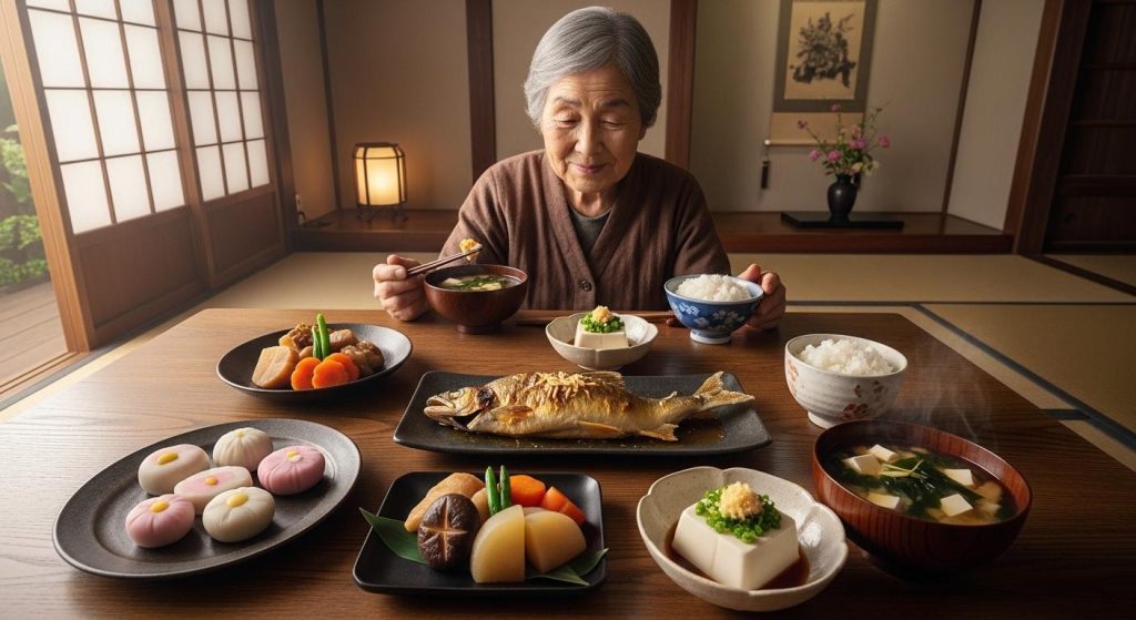 筋肉と骨を強くするためにバランスの良い食事を摂る高齢者