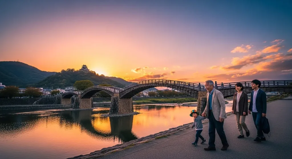 山口県の錦帯橋で家族と一緒にウォーキングを楽しむ高齢者