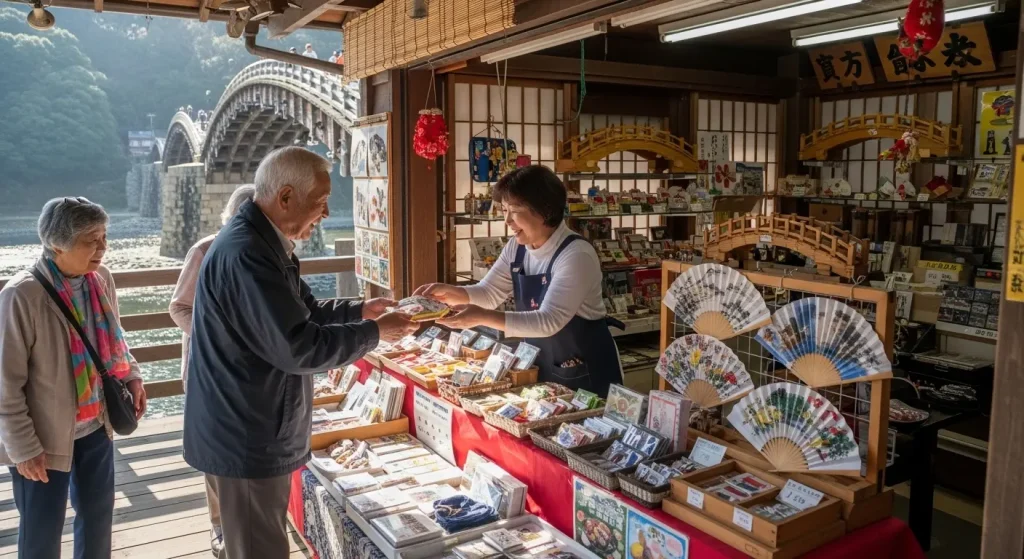 山口県岩国市でお土産を選びながら会話を楽しむ高齢者