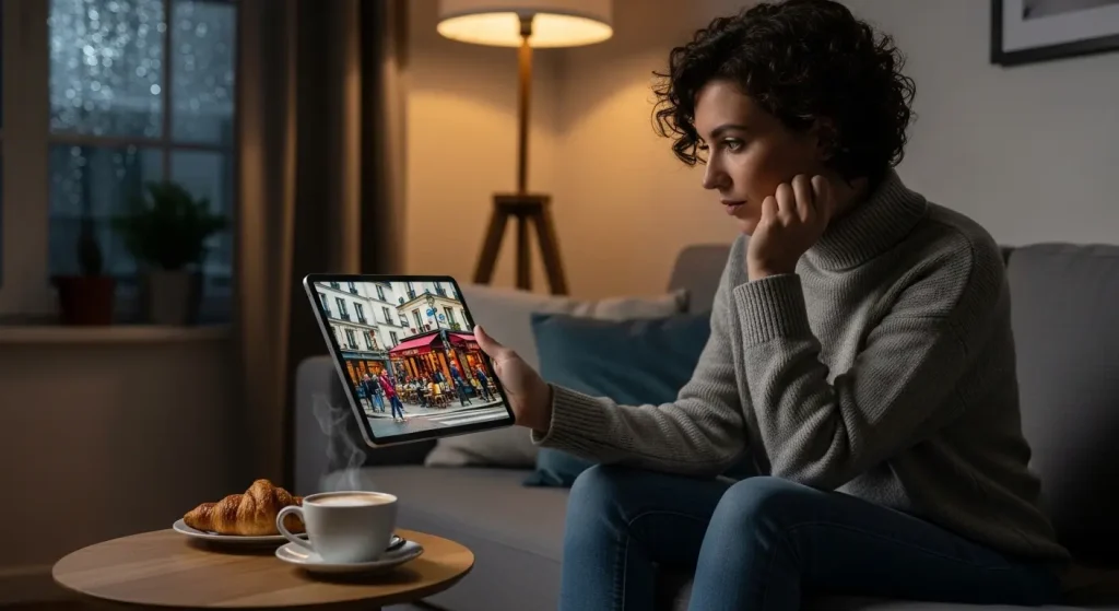 オンラインツアーの開始前に地図と軽食を準備する男性