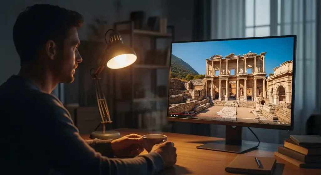 一人でトルコのオンライン歴史ツアーを堪能する男性