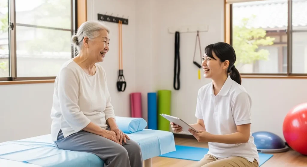 理学療法士にリハビリの相談をする笑顔の高齢女性