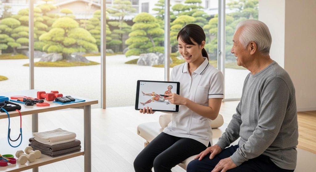 プロの指導のもとで安全な運動方法を学ぶ高齢者