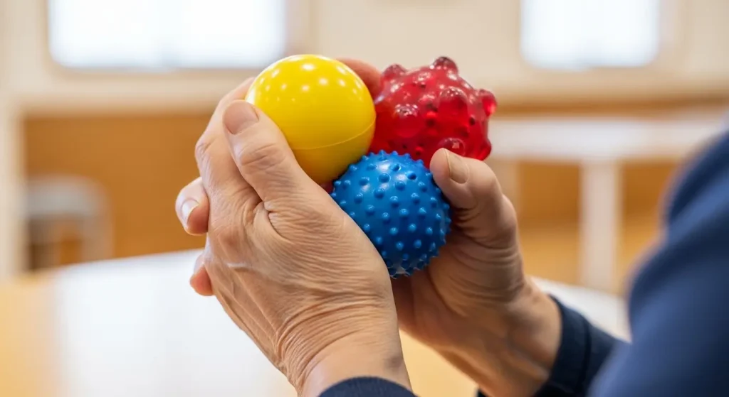 リハビリ用ソフトボールを使って握力トレーニングをする高齢者
