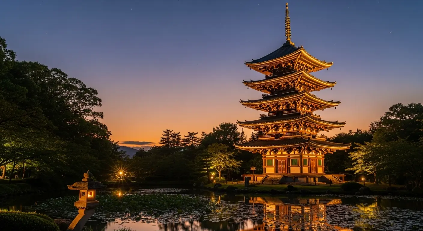 山口県山口市の香山公園にある国宝瑠璃光寺五重塔のライトアップされた夜景