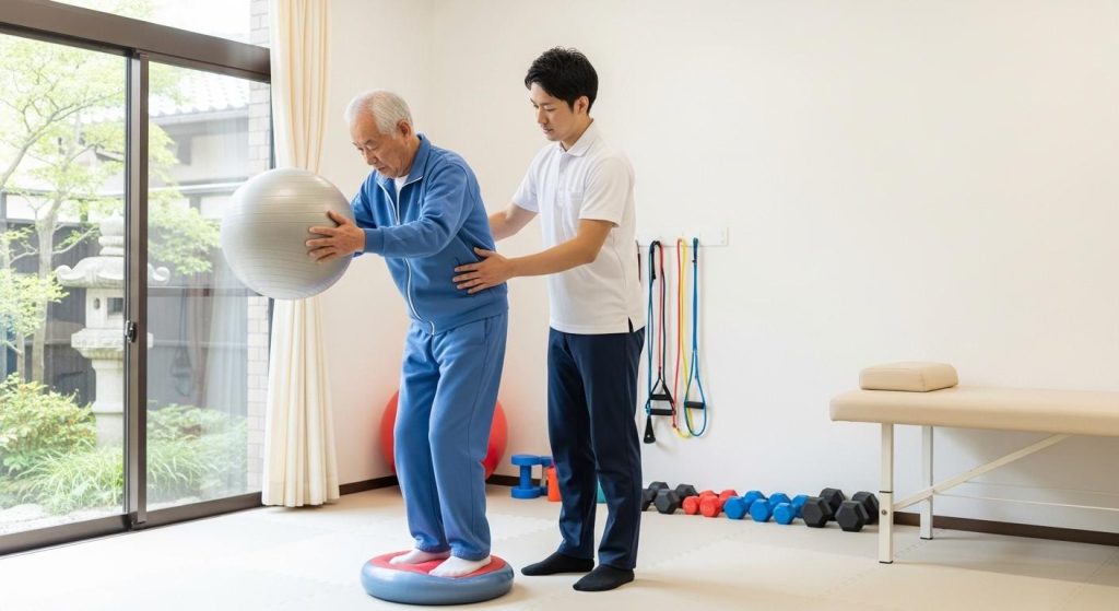 理学療法士の指導のもとでバランス能力を高める高齢者