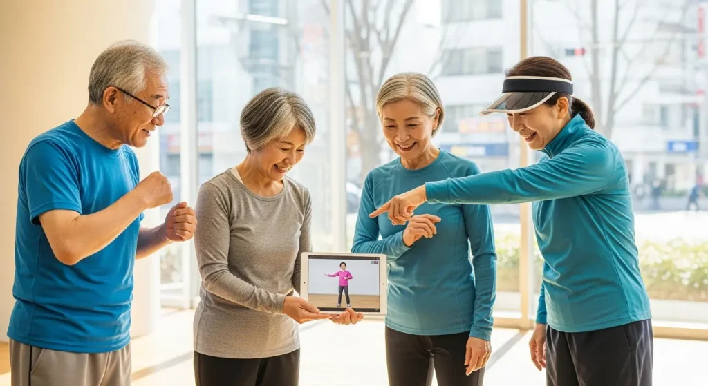 デジタル端末でラジオ体操の正しいフォームを学ぶシニア