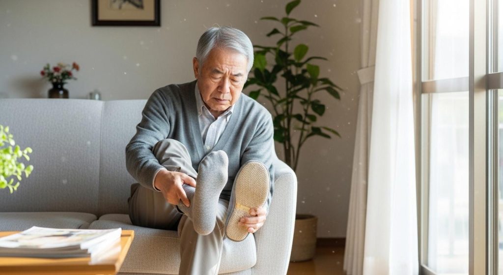 転倒防止のために自宅で足元の安全を確認する高齢者