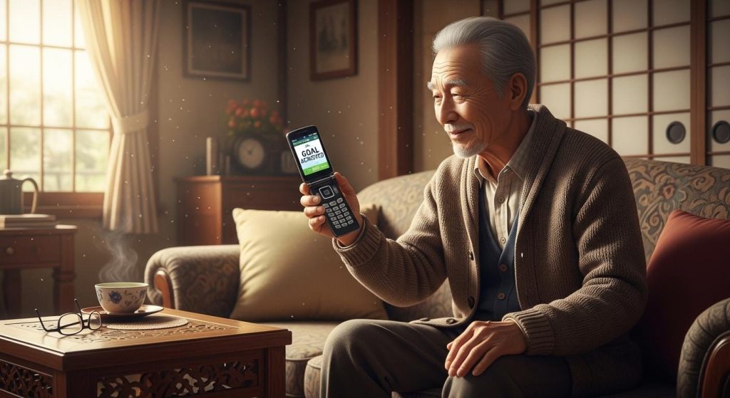 スマホアプリで日々の活動量を記録しモチベーションを保つ高齢者