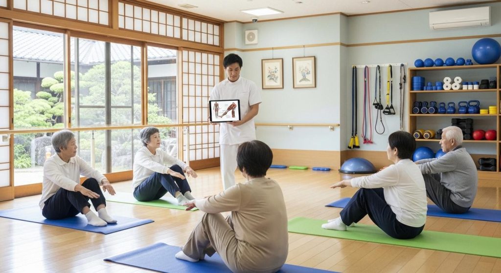 専門職から個別の運動プログラムについて説明を受けるシニア