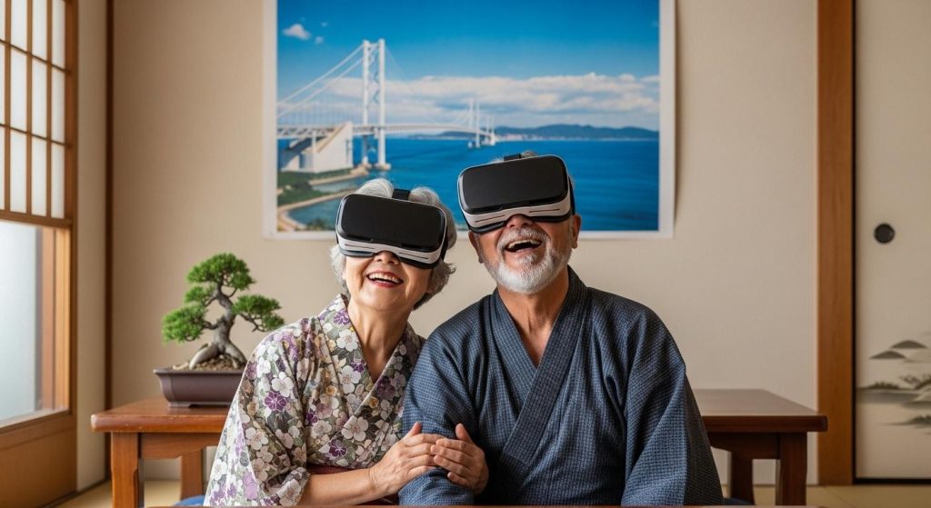 VRで山口県のバーチャル旅行を体験する高齢者夫婦