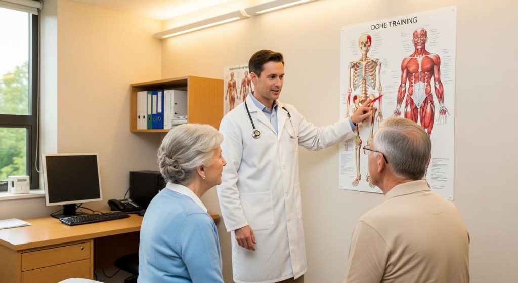 医師から安全な運動方法の指導を受ける高齢者夫婦