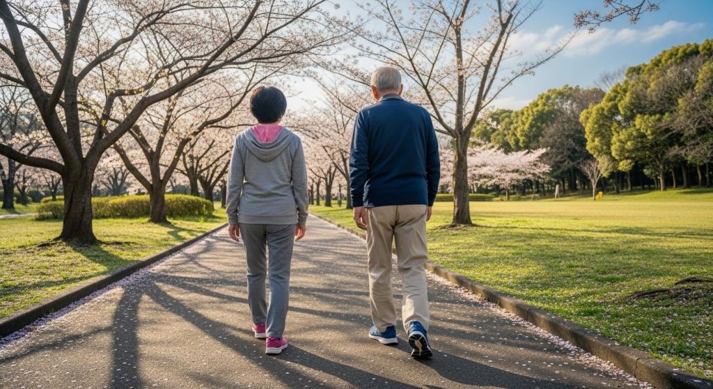 健康維持のために毎日のウォーキングを継続する高齢者夫婦