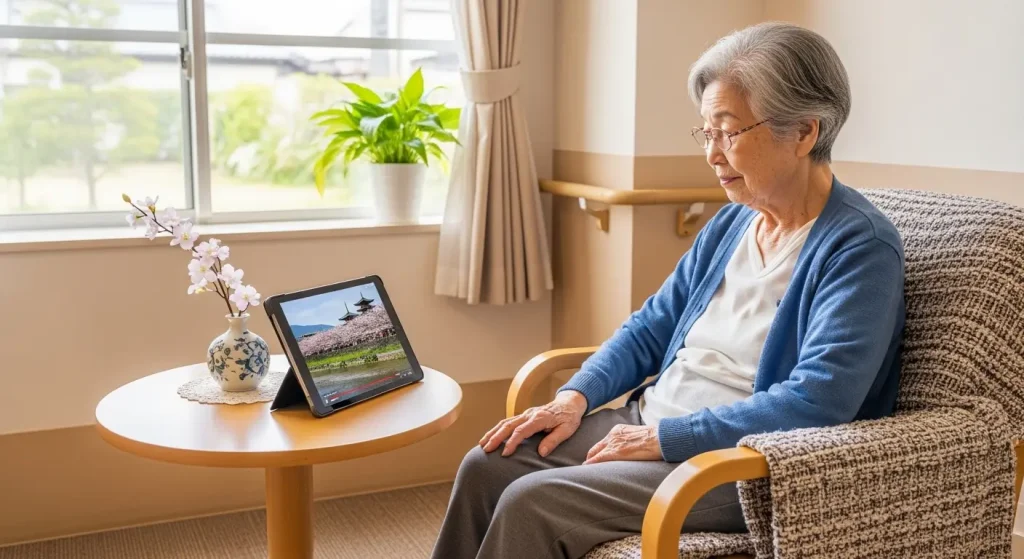 山口県のバーチャル旅行を体験する高齢女性