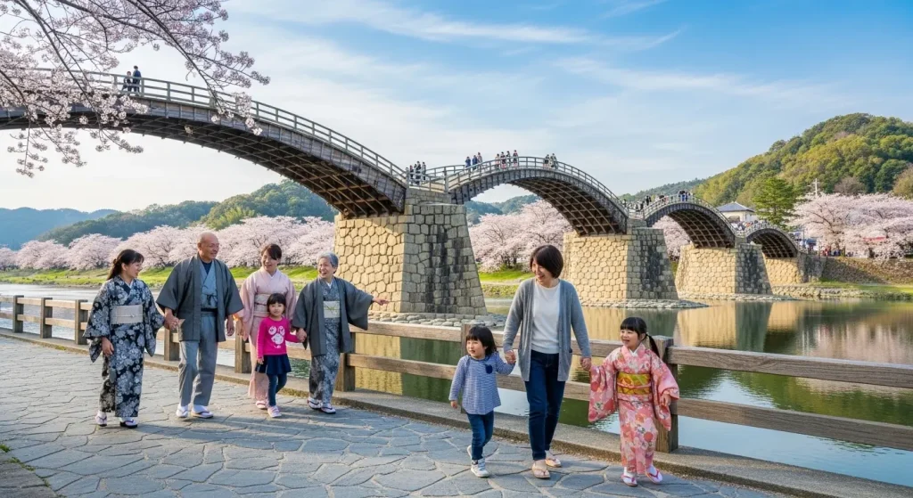 山口県の観光地を家族と歩き、運動とレジャーを楽しむ高齢者