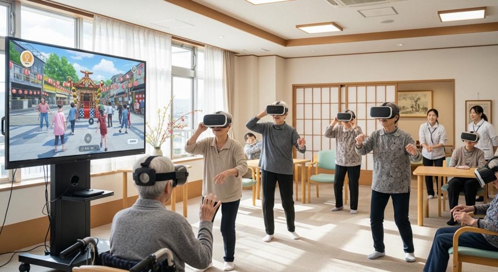 最新のVR技術を使ってバーチャル旅行と運動を同時に楽しむ高齢者