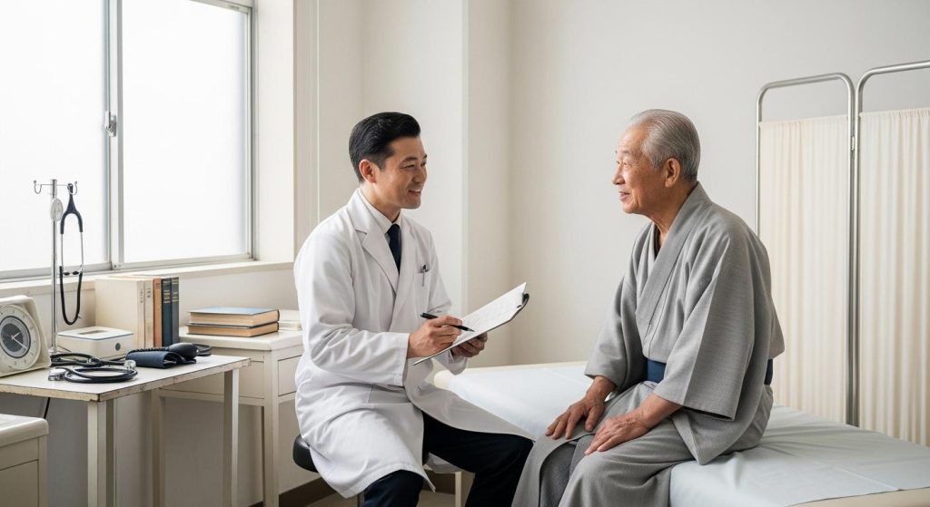 医師から運動の注意点について指導を受ける高齢男性