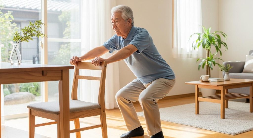 自宅の椅子をサポートにして安全にスクワットを行う高齢者