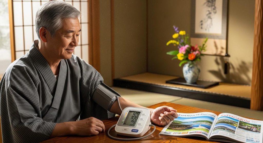 運動を開始する前に血圧を測り健康状態を確認する高齢者