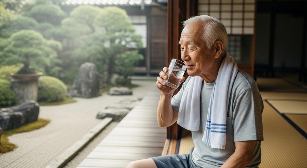 安全に運動を続けるためにこまめな水分補給を行う高齢者