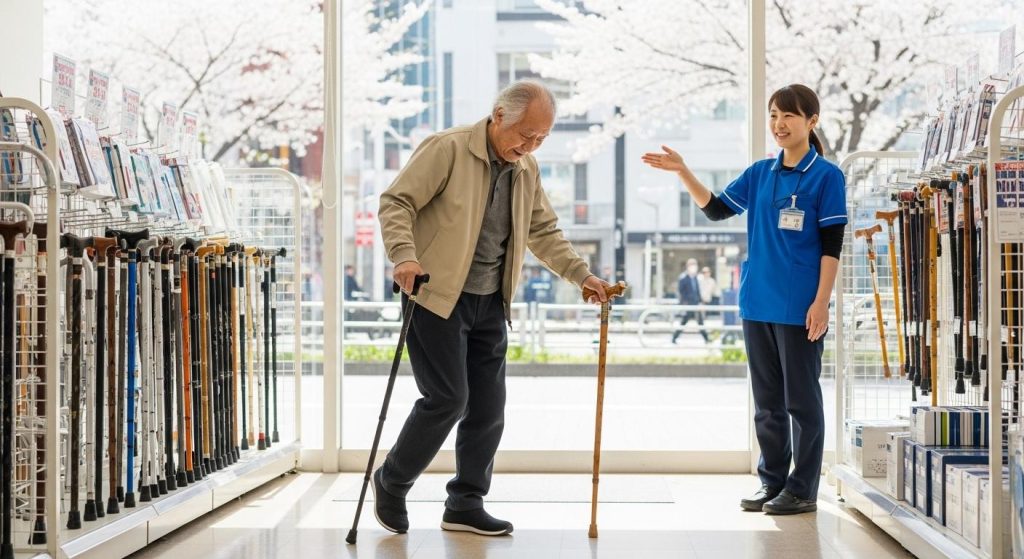 自分に合う杖を選び、安全な歩き方を学ぶ高齢者