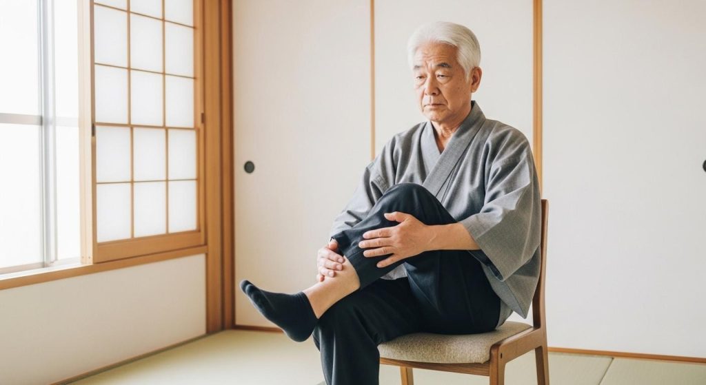 壁を支えにして安全なフォームでスクワットをする高齢者