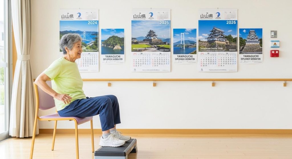 山口県の観光情報を背景に足踏み運動で下半身を鍛える高齢者