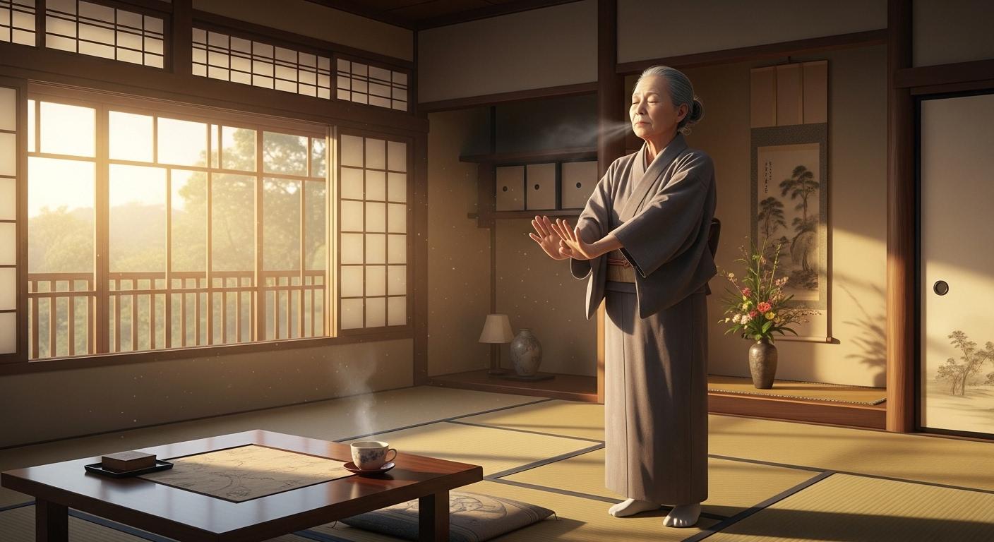 朝の習慣として室内でストレッチを行う高齢者