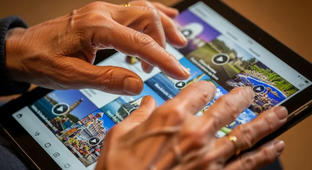 デジタル端末を操作して観光動画を探す高齢者の手元